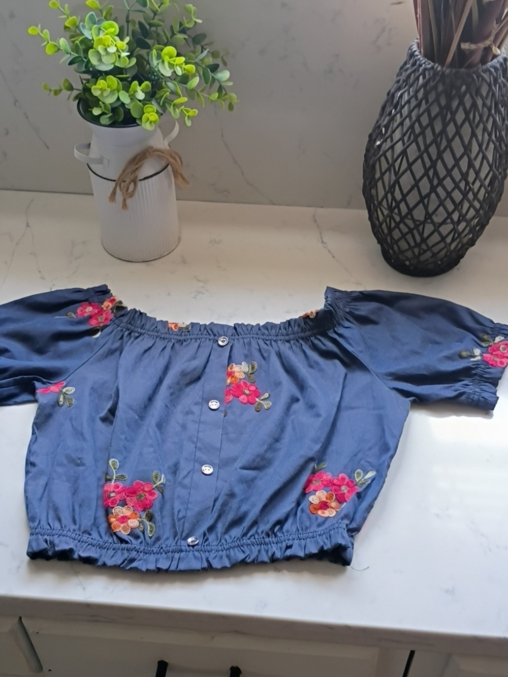 Papaya Navy Blue Off-Shoulder Embroidered Crop Top